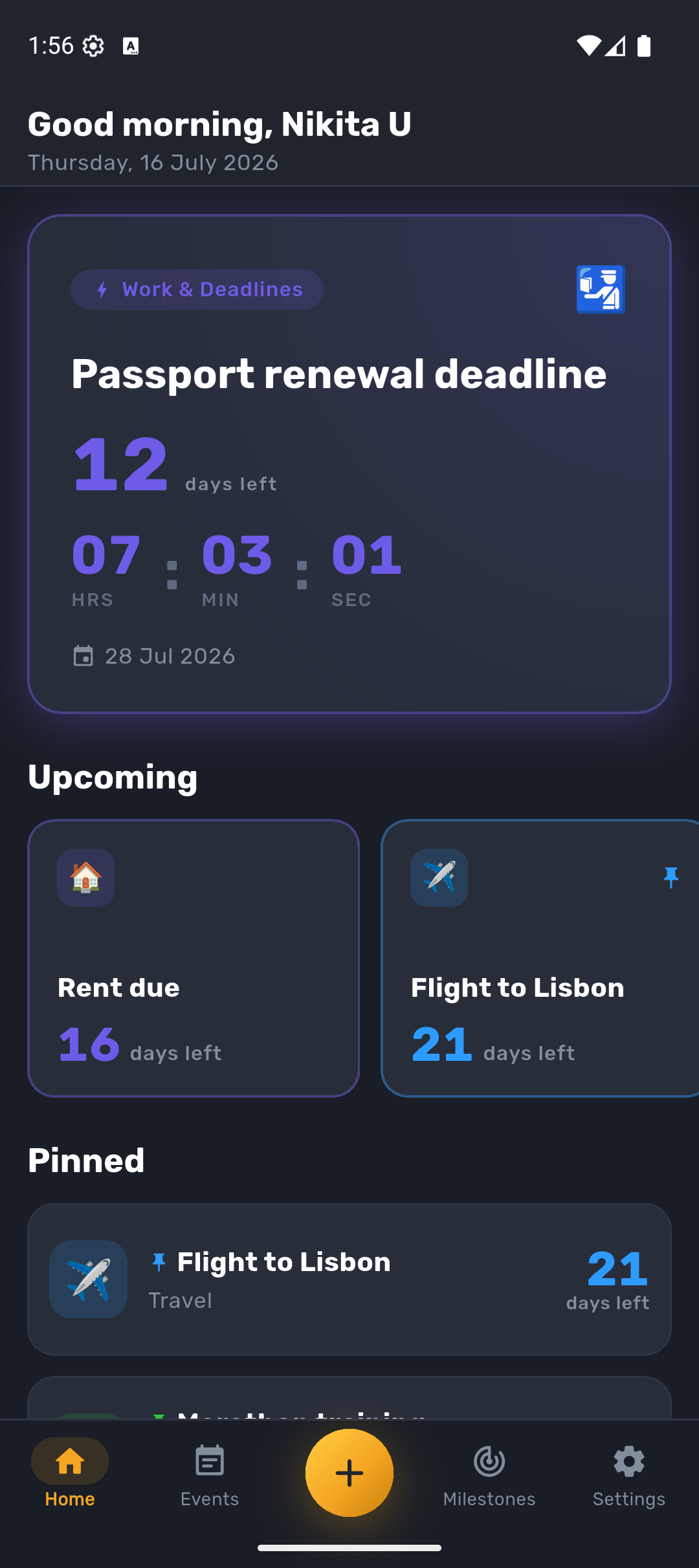 Selector Go home screen showing the next-up countdown hero, an upcoming events rail, and pinned favorites