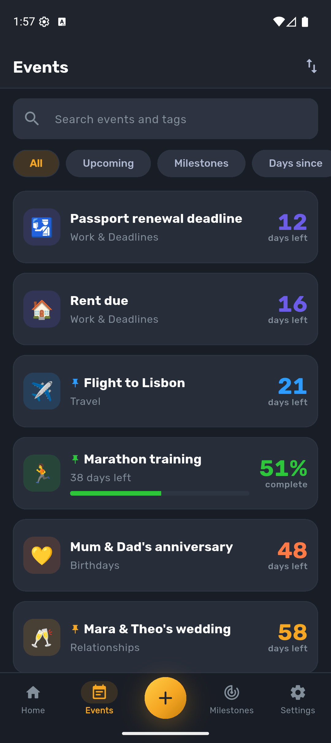 Selector Go events list with search, filter chips, and a mix of countdowns, milestones, and recurring events