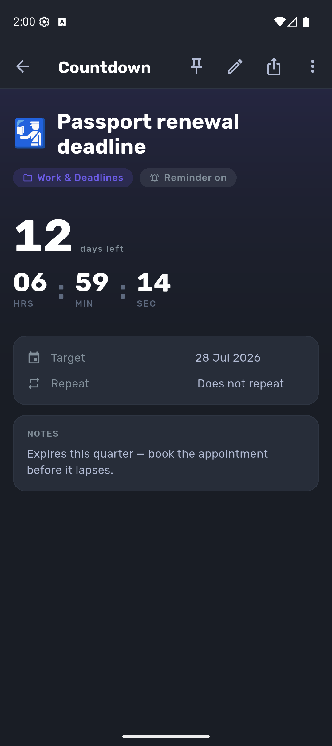 Selector Go event detail screen with a large animated countdown down to the second