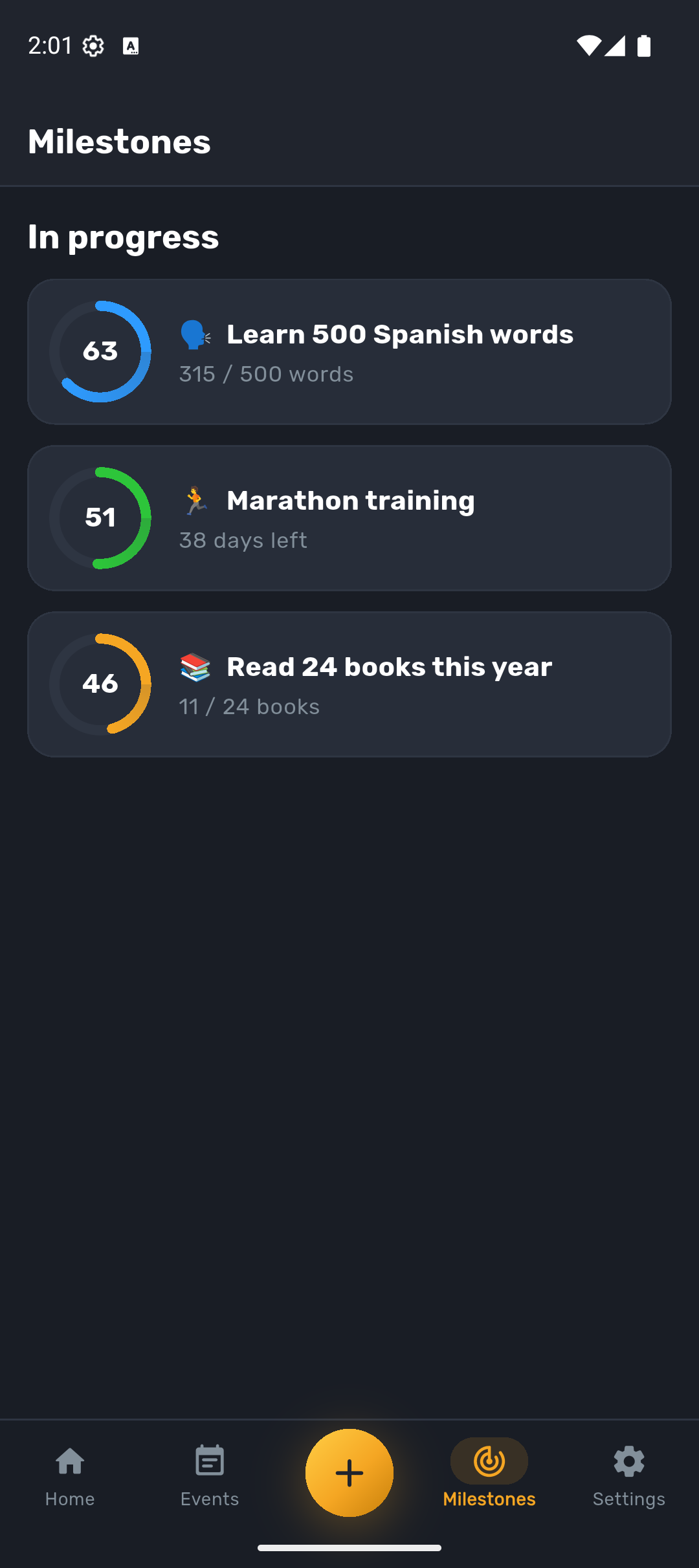 Selector Go milestones screen with animated progress rings for goals in progress