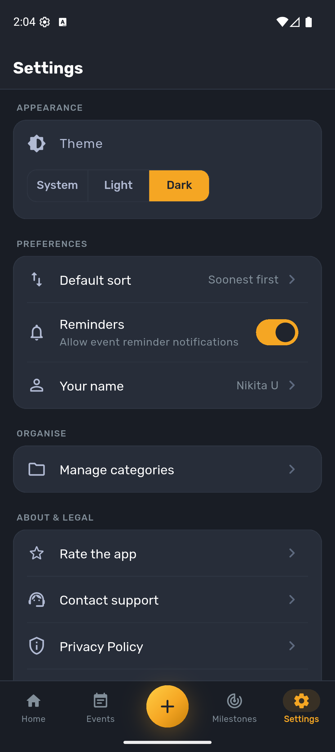 Selector Go settings screen with theme, reminders, and category management